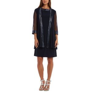 R & M Richards Womens 10P Embellished Navy Blue Dress with Matching Jacket